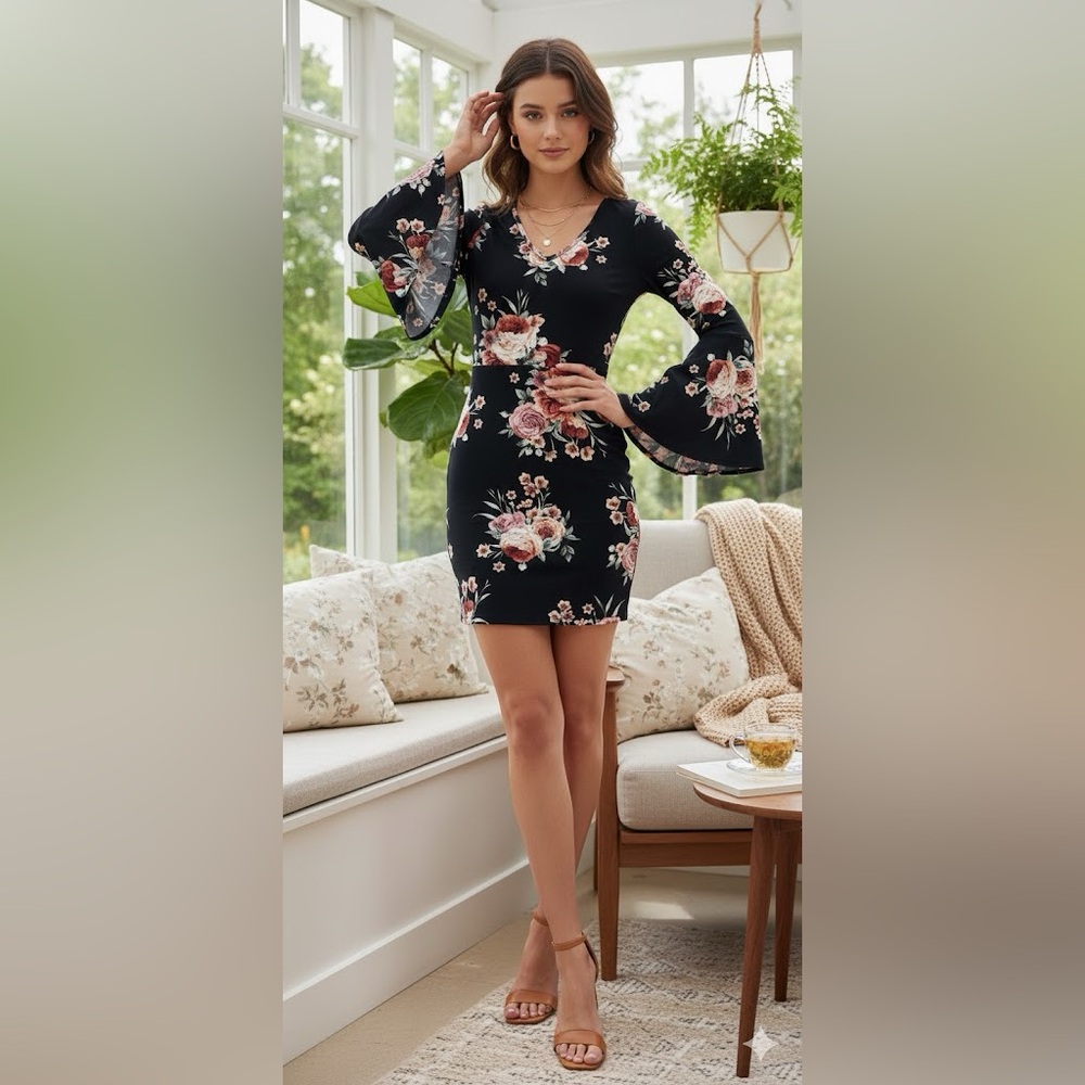 Banana Lemon black pink Floral Bell Sleeve Dress size small bodycon mini sexy